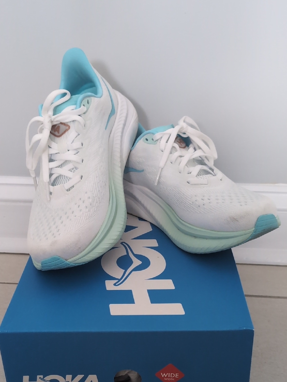 Hoka Women’s White & Light Teal Running Shoes